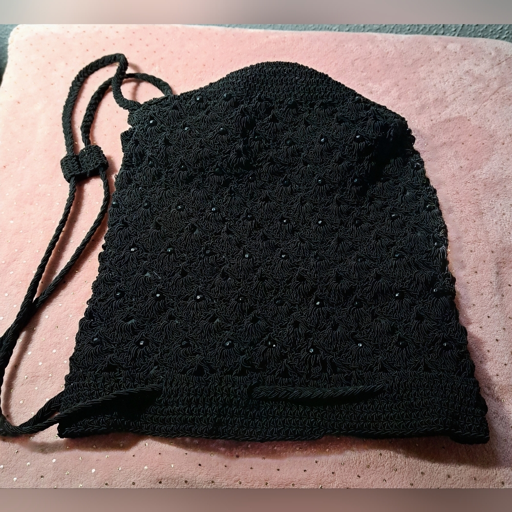 Black Crocheted Backpack Drawstring Bag Nwot - image 3